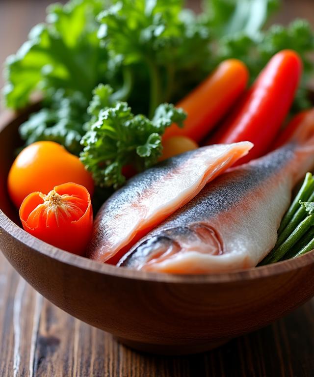盆の上に置かれた新鮮な季節の野菜と魚
